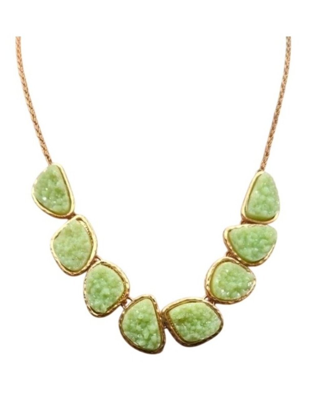 Green Druzy Stone Bib Necklace With Gold-Tone Setting & Textured Chain